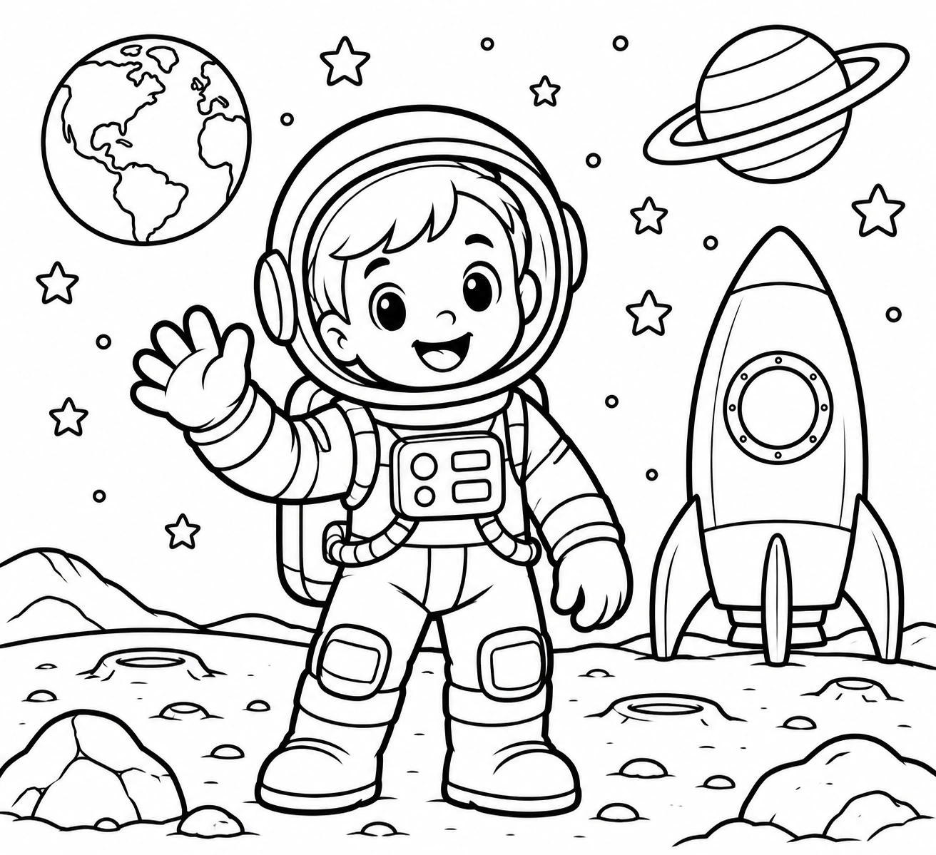 Astronaut on the Moon black-and-white printable coloring picture
