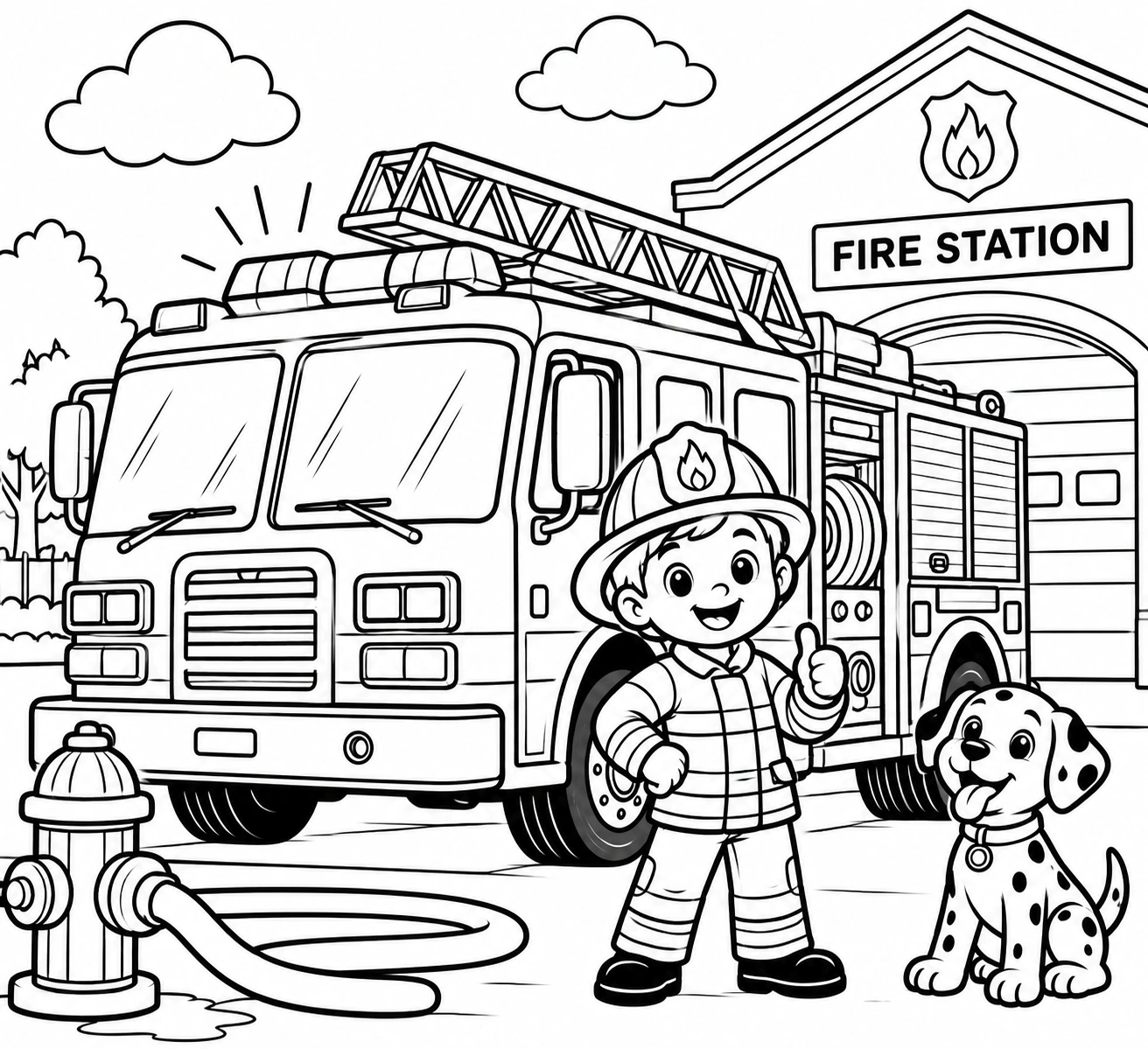 Fire station and fire truck black-and-white printable coloring picture