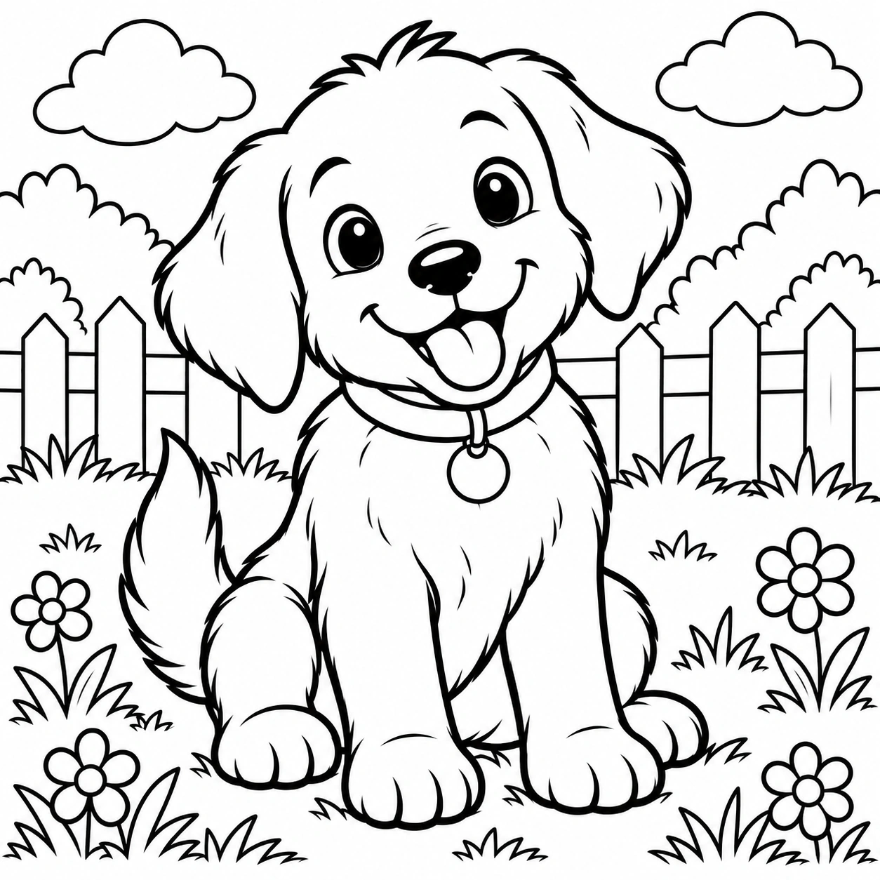 Puppy in a garden black-and-white printable coloring picture