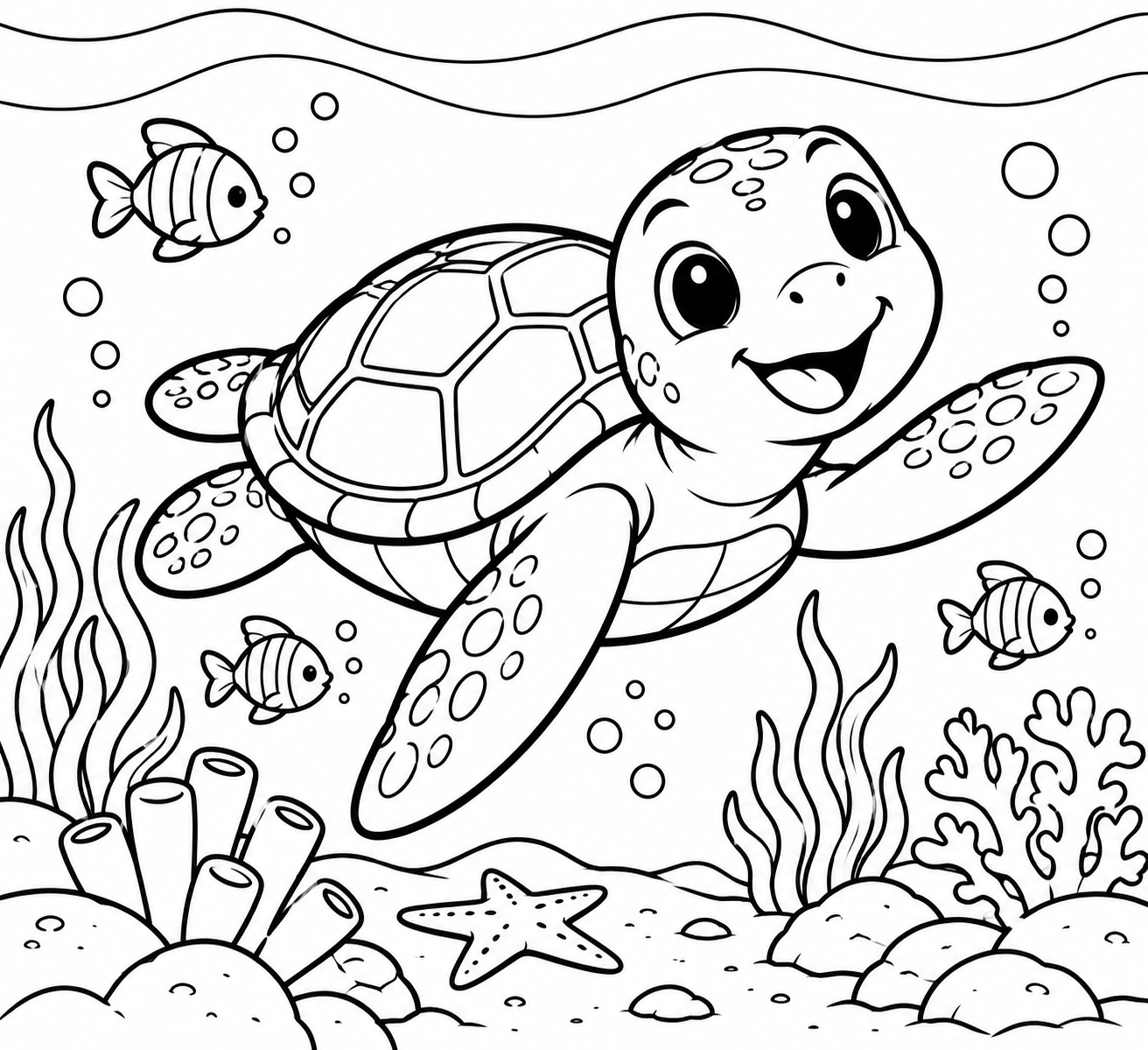 Sea turtle in a coral reef black-and-white printable coloring picture
