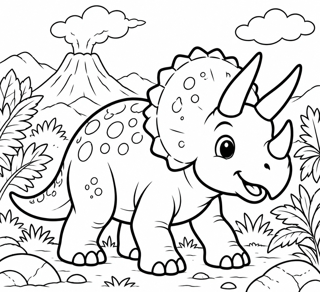 Triceratops near a volcano black-and-white printable coloring picture